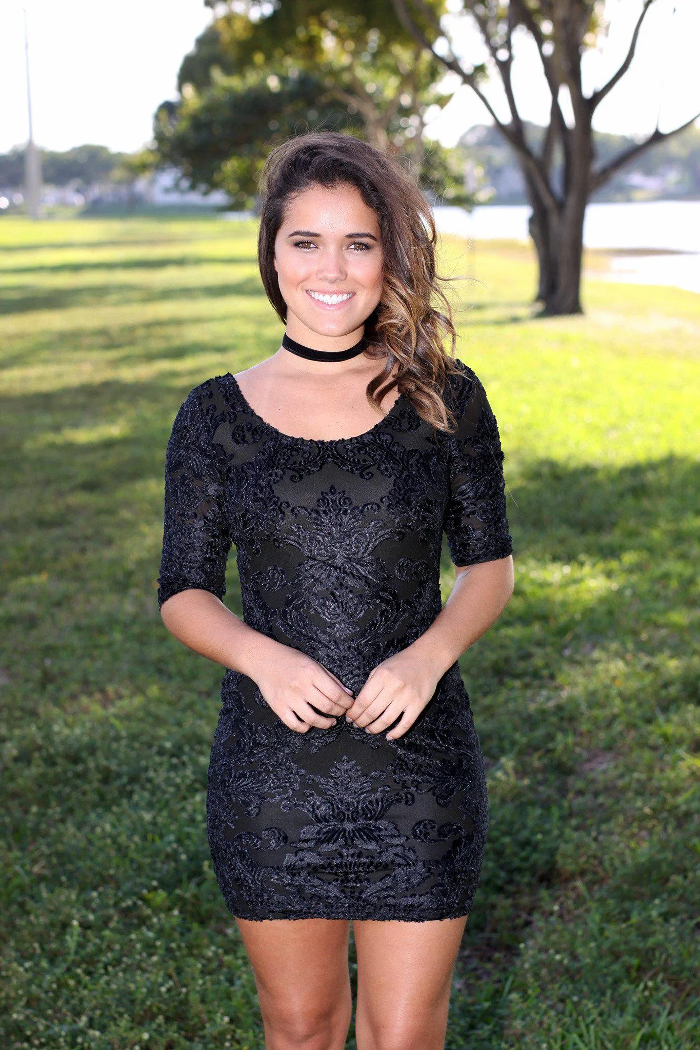 Black Velvet Short Dress with 3/4 Sleeves