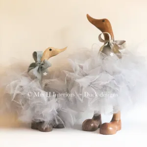 Bubbles and Bea Matching Set - Grey with Stars Grey Tutu Ducks - Decorated Wooden Duck in Boots by Mrs H the Duck Lady