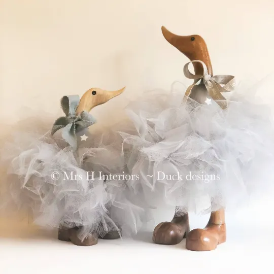 Bubbles and Bea Matching Set - Grey with Stars Grey Tutu Ducks - Decorated Wooden Duck in Boots by Mrs H the Duck Lady