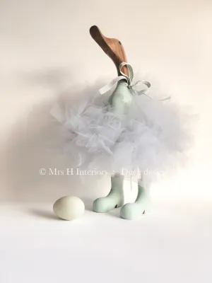 Bubbles - Duck Egg with Stars Grey Tutu Duck - Decorated Wooden Duck in Boots by Mrs H the Duck Lady