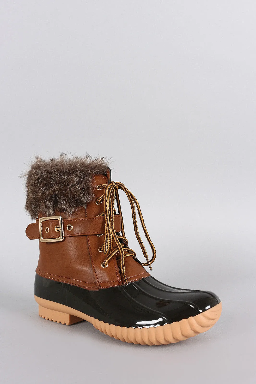 Buckled Faux Fur Cuff Lace Up Duck Ankle Boots