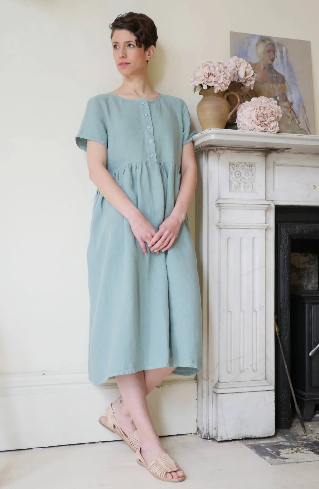 Button Down Linen Dress - Duck Egg