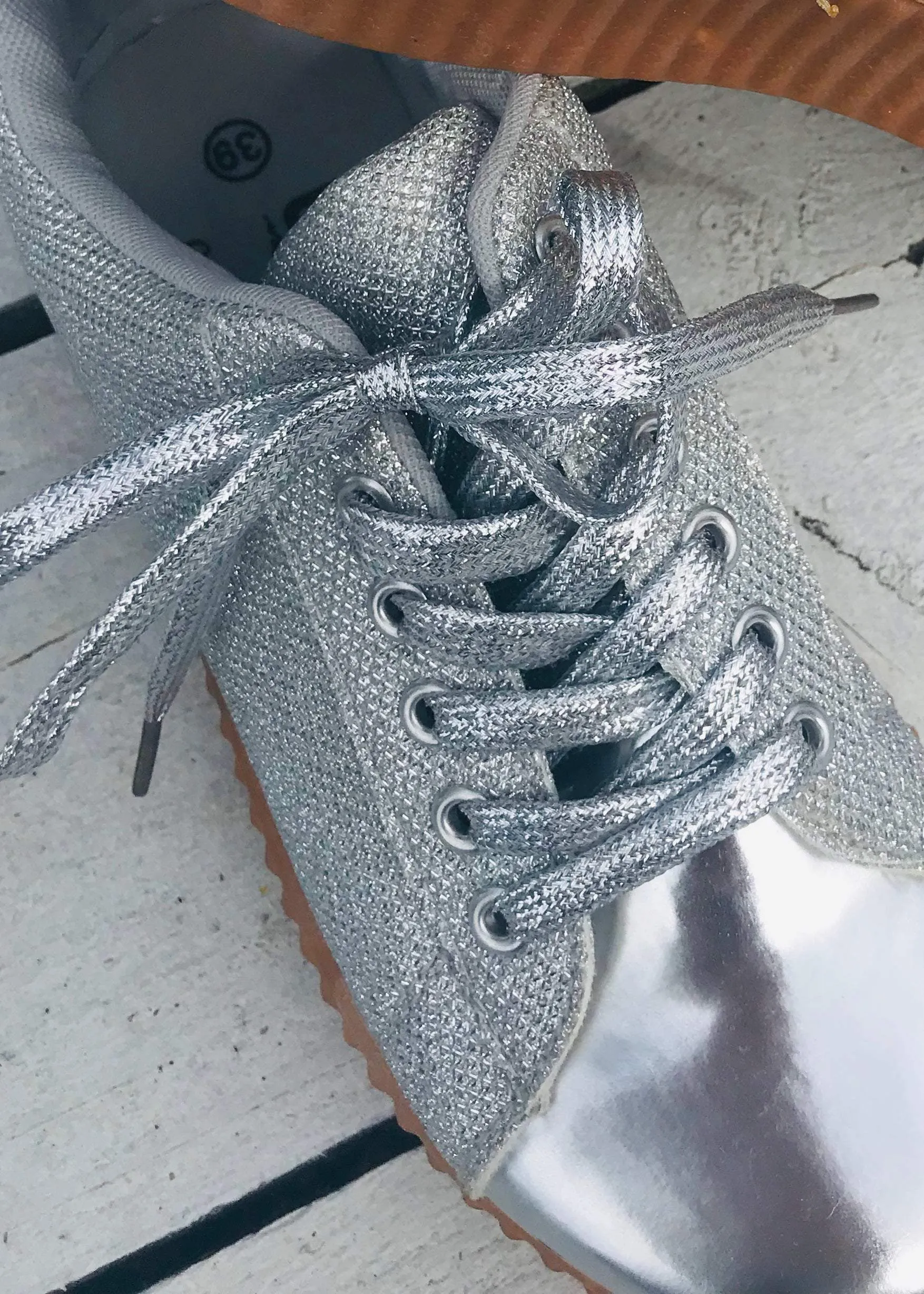 Capri Trainer in Silver Metallic and Glitter with Glitter Laces Size 6,