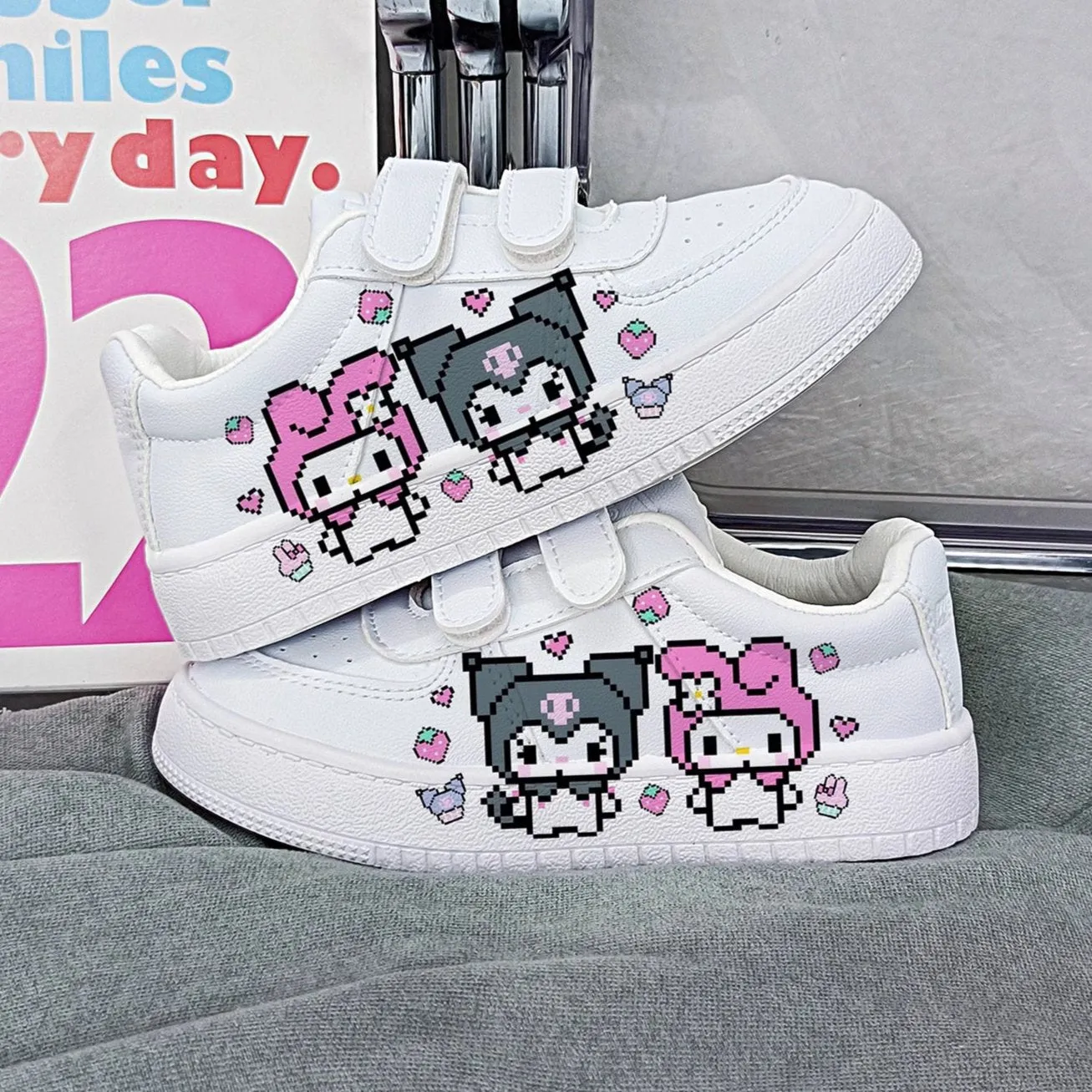 Cartoon Print Student Sneakers Kids Size with Velcro Fastener