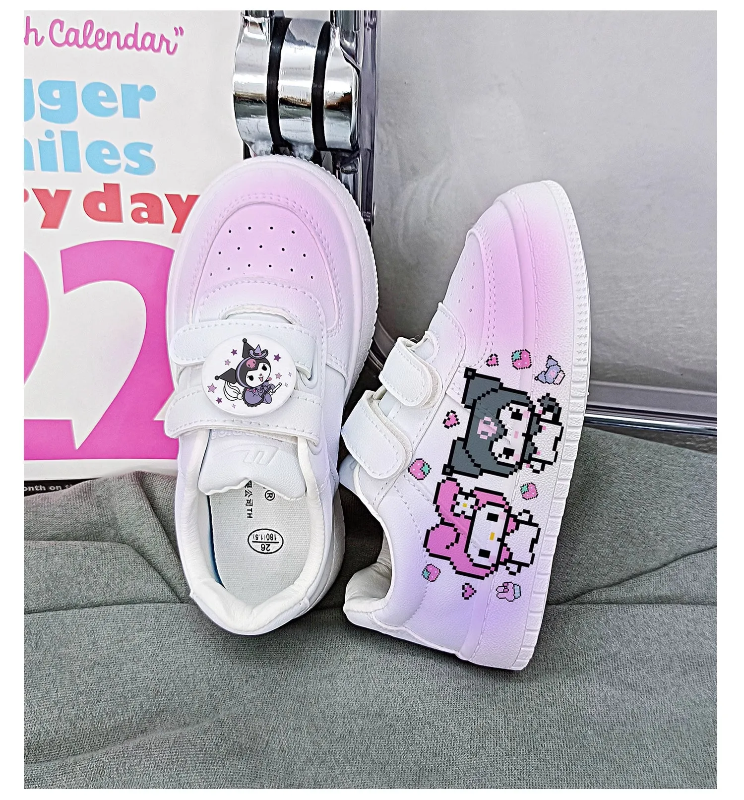 Cartoon Print Student Sneakers Kids Size with Velcro Fastener