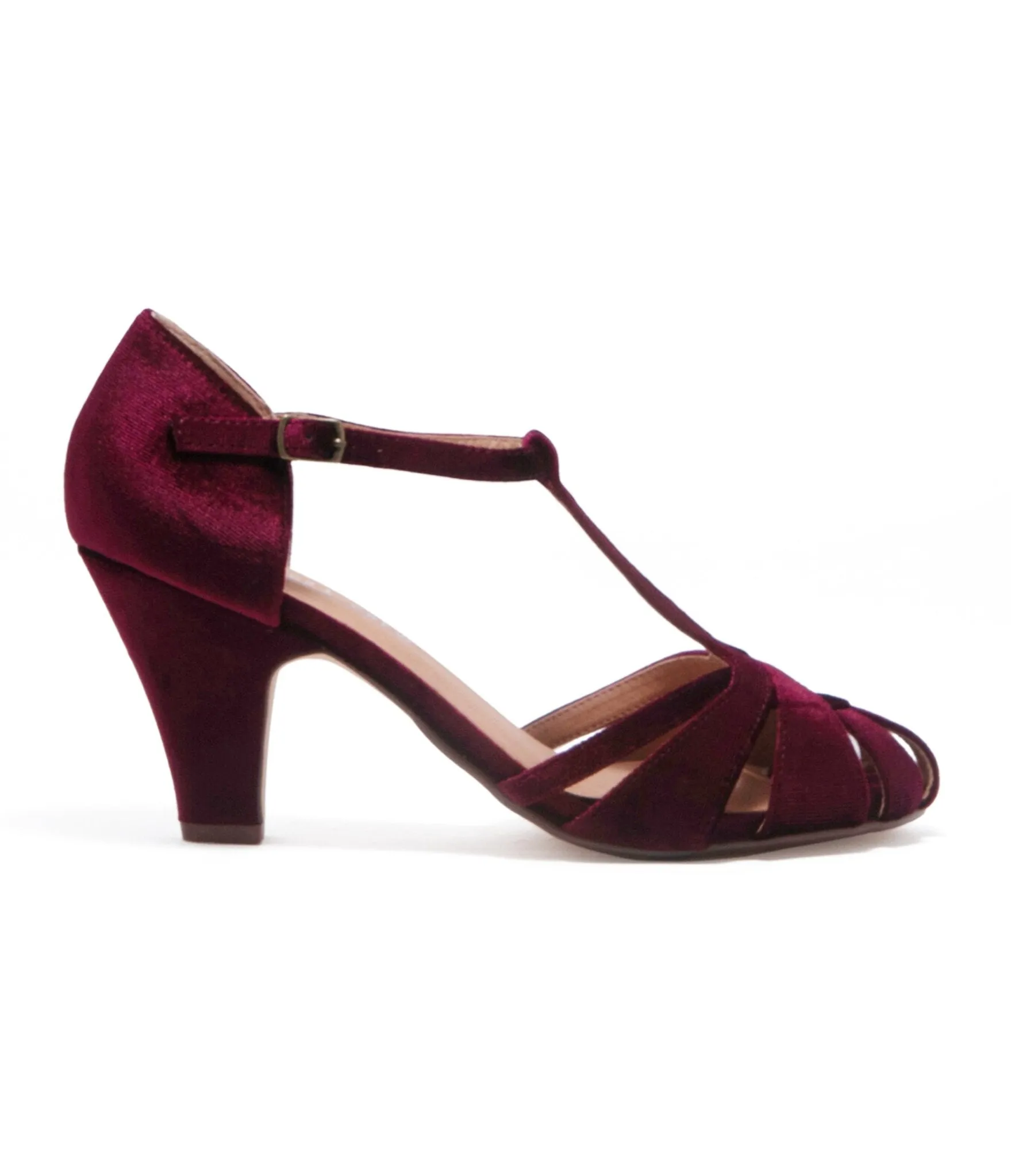 Chelsea Crew 1920s Burgundy Velvet T-Strap Sergi Heels