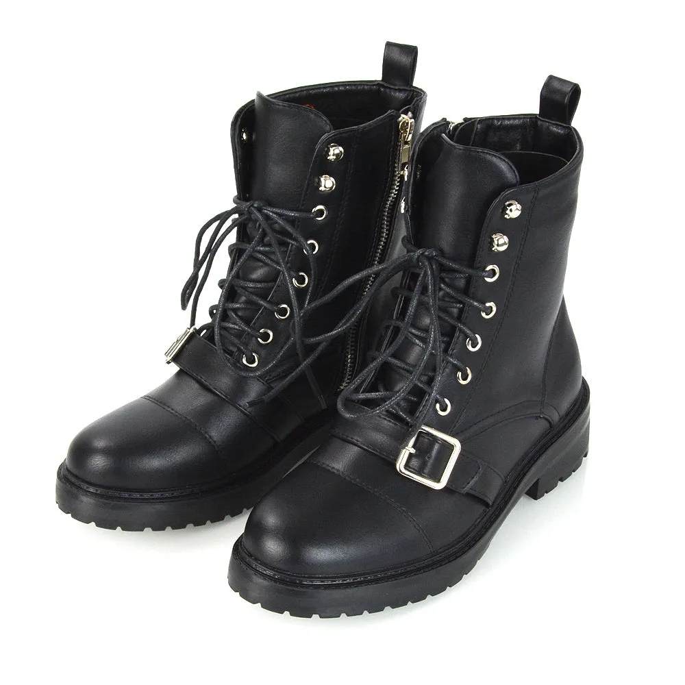 CHEYENNE BUCKLE STRAP ZIP-UP COMBAT CHUNKY LOW HEEL LACE UP ANKLE BIKER BOOTS IN BLACK PATENT