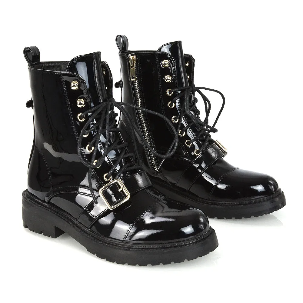 CHEYENNE BUCKLE STRAP ZIP-UP COMBAT CHUNKY LOW HEEL LACE UP ANKLE BIKER BOOTS IN BLACK PATENT