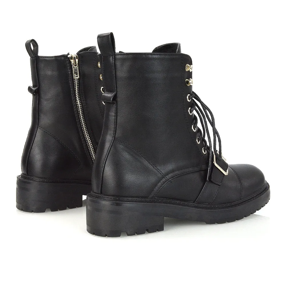 CHEYENNE BUCKLE STRAP ZIP-UP COMBAT CHUNKY LOW HEEL LACE UP ANKLE BIKER BOOTS IN BLACK PATENT