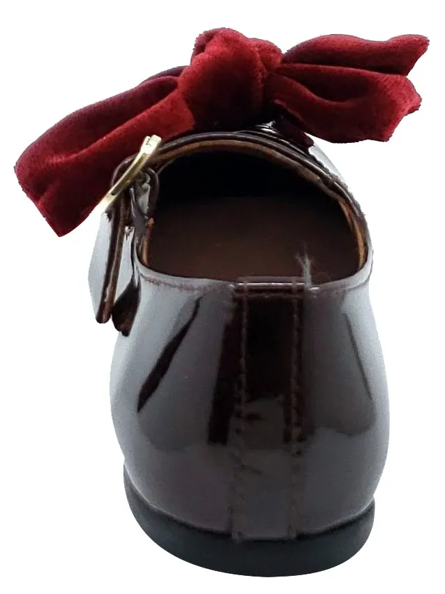 Clarys Girl's Patent Leather Mary Jane with Velvet Bow, Burgundy Patent