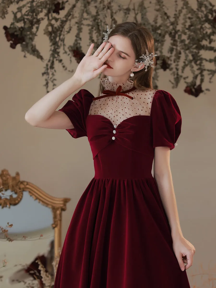 Classy Vintage Princess Burgundy Velvet Long Prom Dress