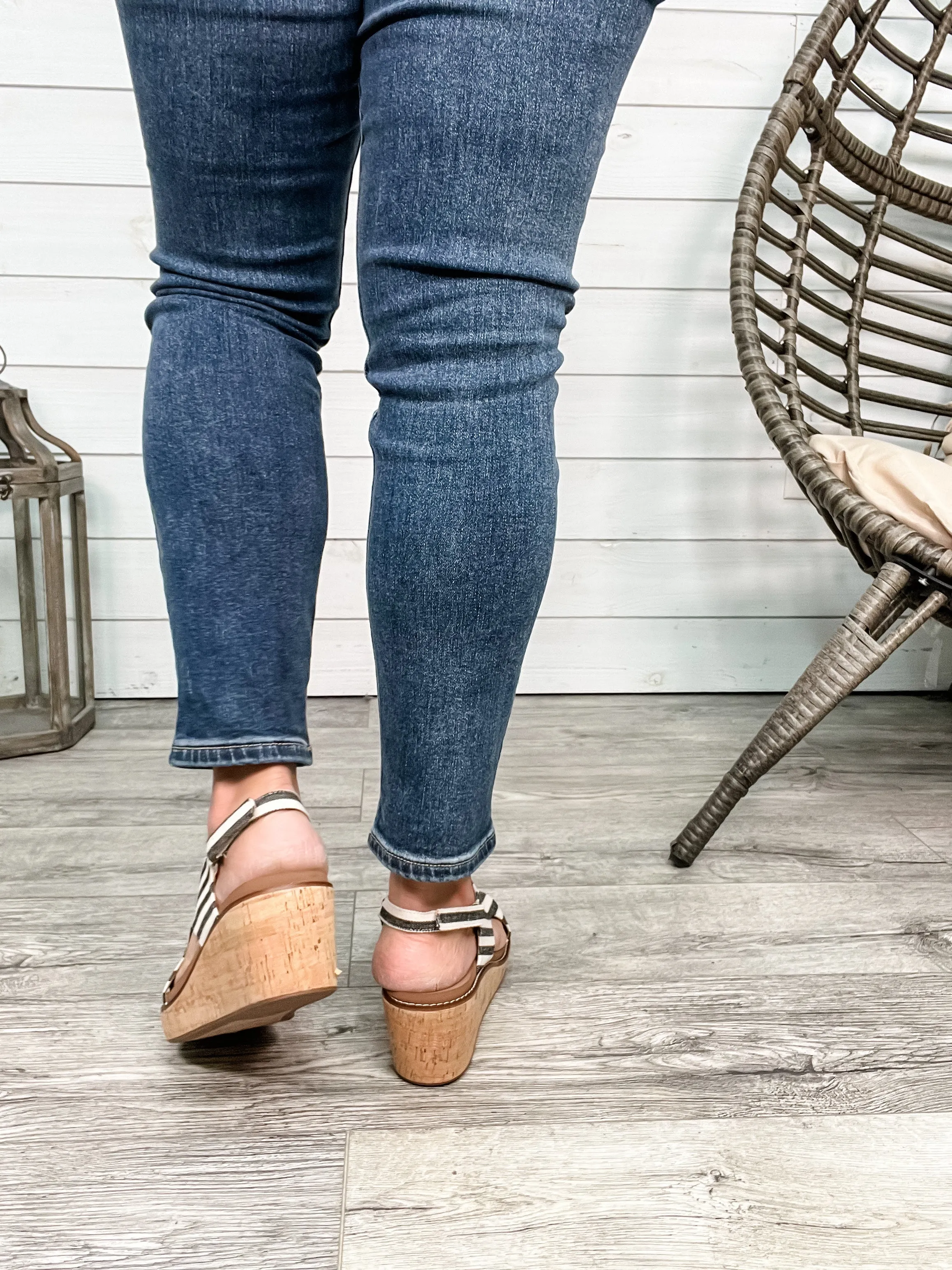 Corkys "Carley" Wedge Sandal (Black Natural Stripe)