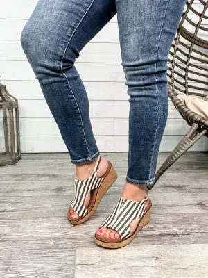 Corkys "Carley" Wedge Sandal (Black Natural Stripe)