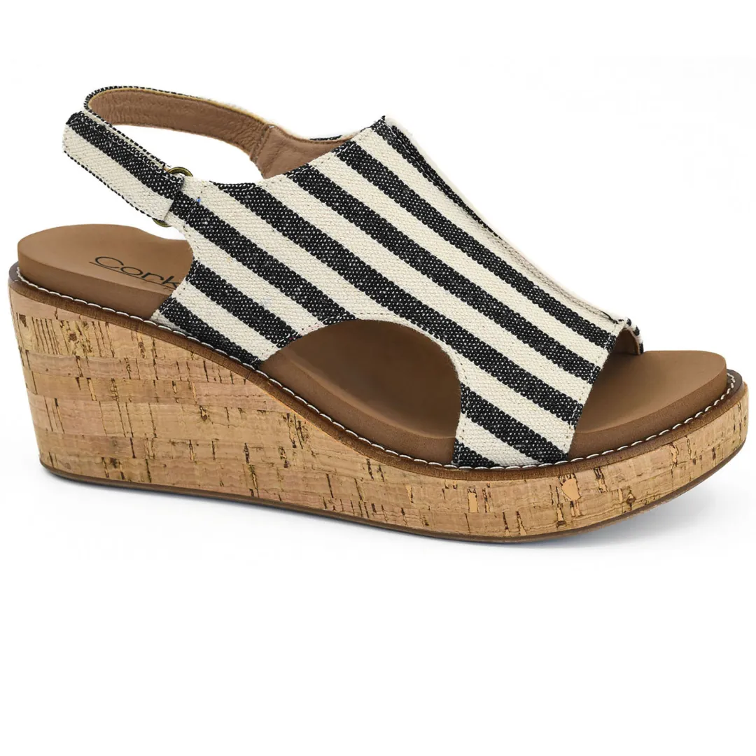 Corkys "Carley" Wedge Sandal (Black Natural Stripe)