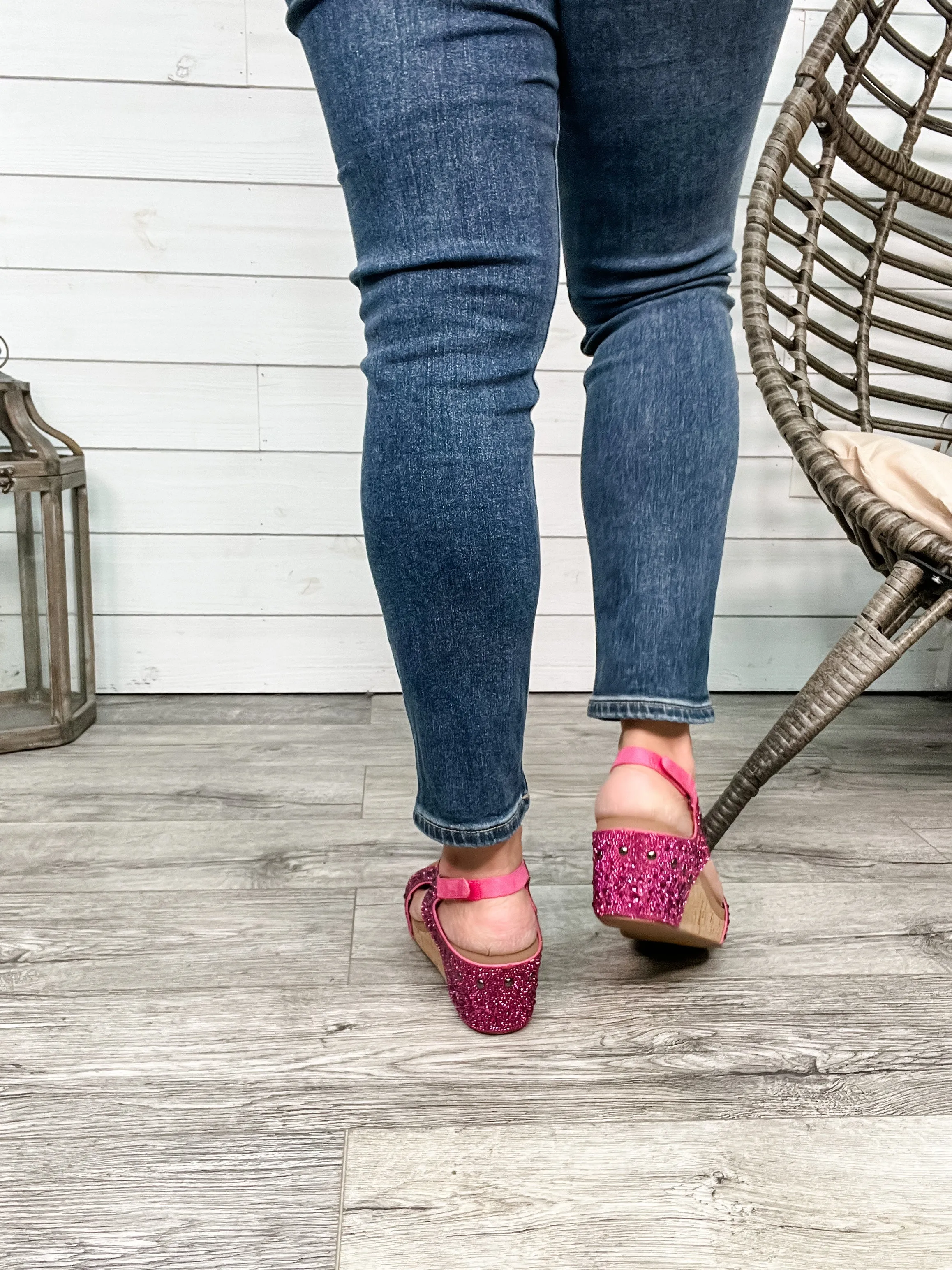 Corkys "The Ashley" Rhinestone Corky Wedge Sandal (Fuchsia)