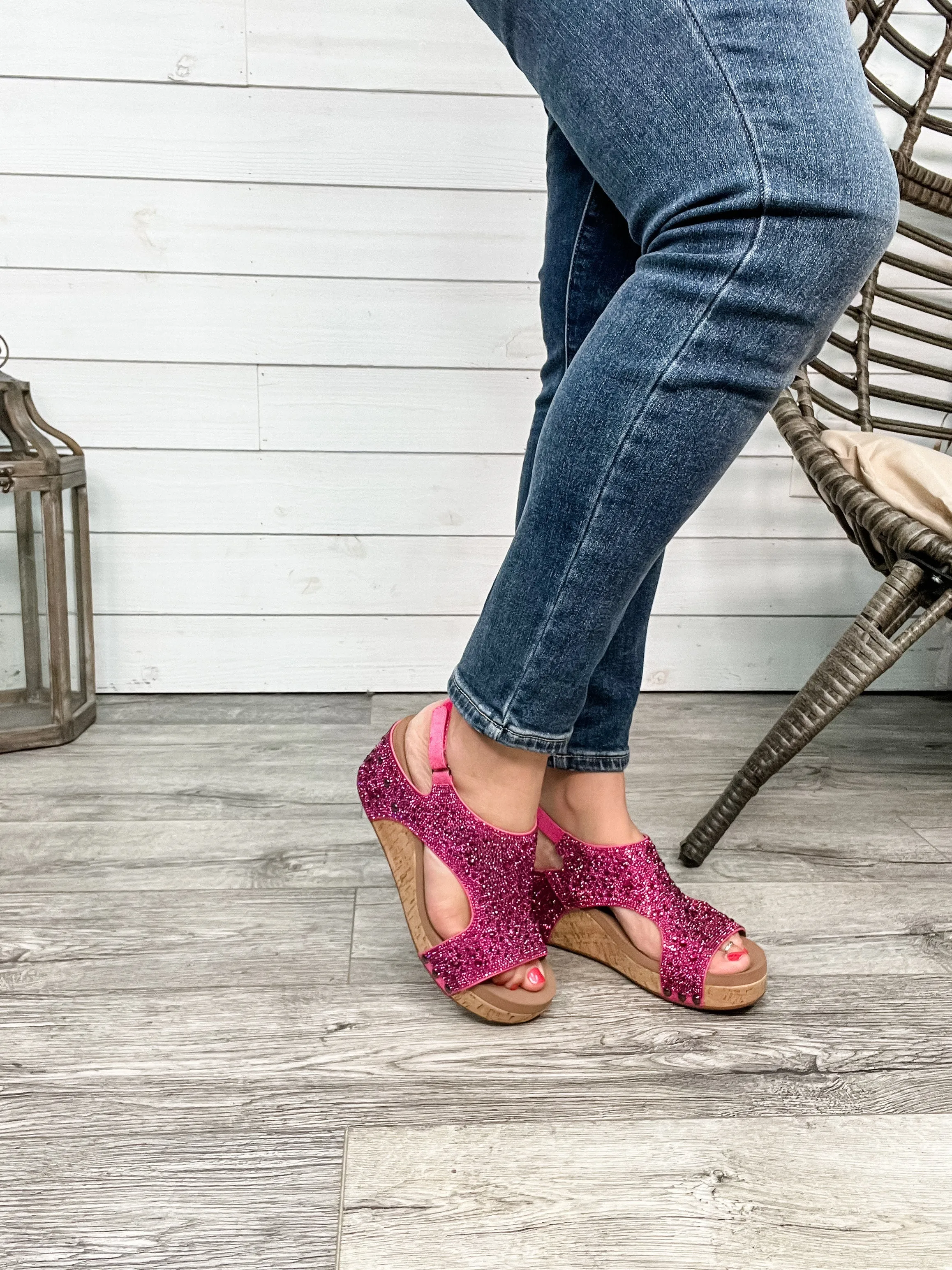 Corkys "The Ashley" Rhinestone Corky Wedge Sandal (Fuchsia)