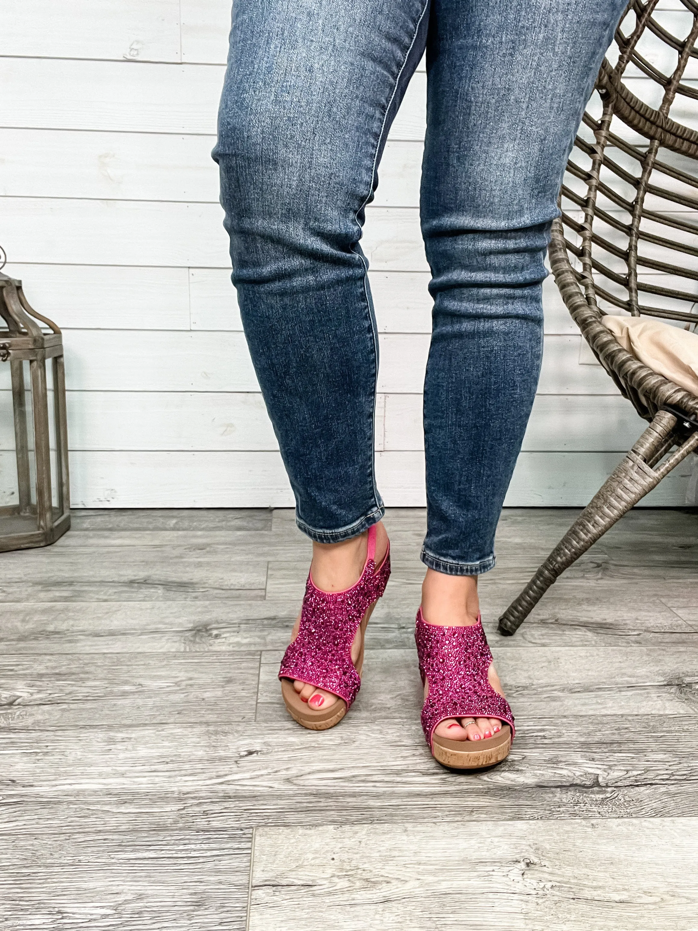 Corkys "The Ashley" Rhinestone Corky Wedge Sandal (Fuchsia)