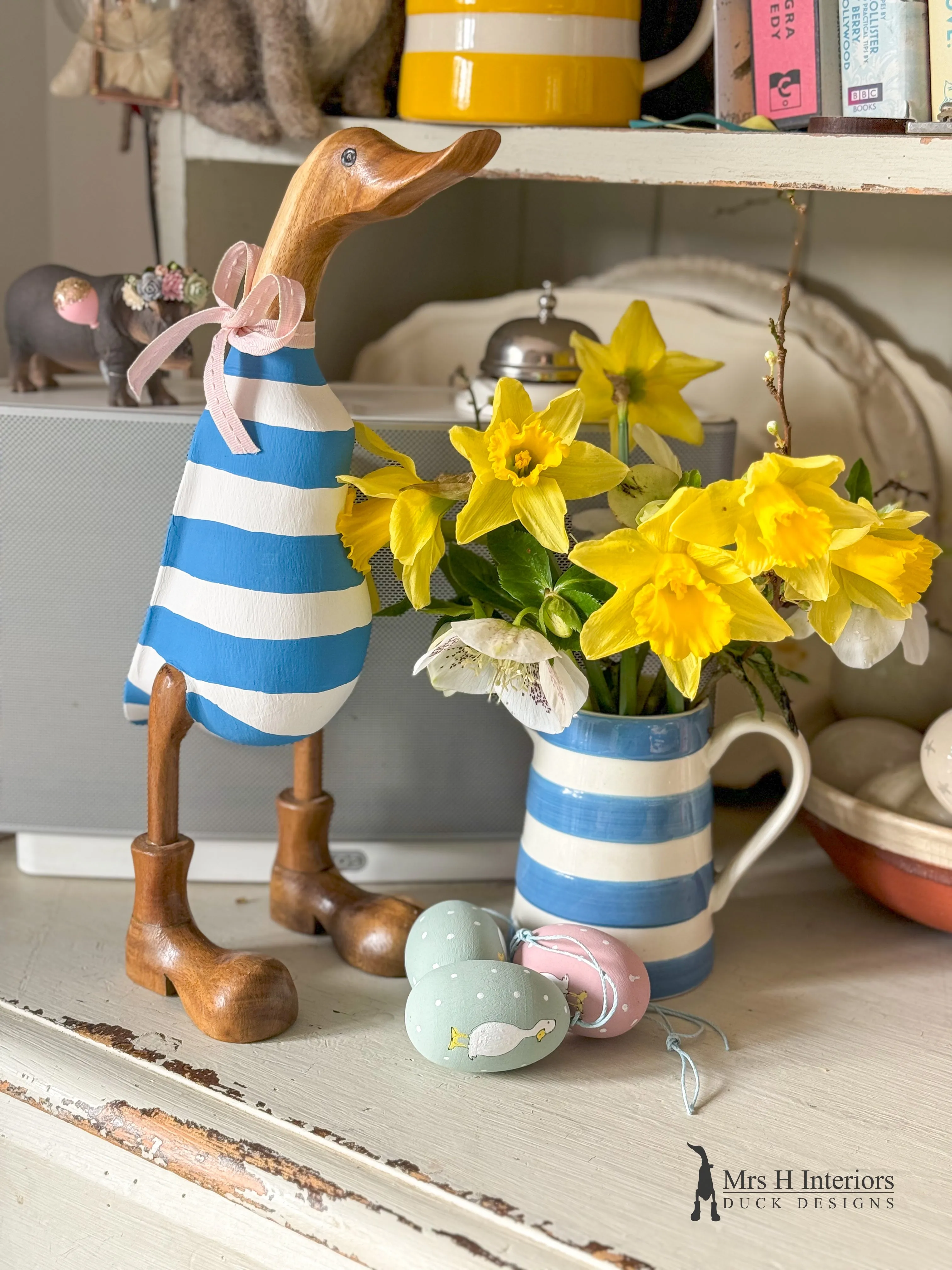 Cornish blue decorated Wooden Duck in Boots by Mrs H the Duck Lady