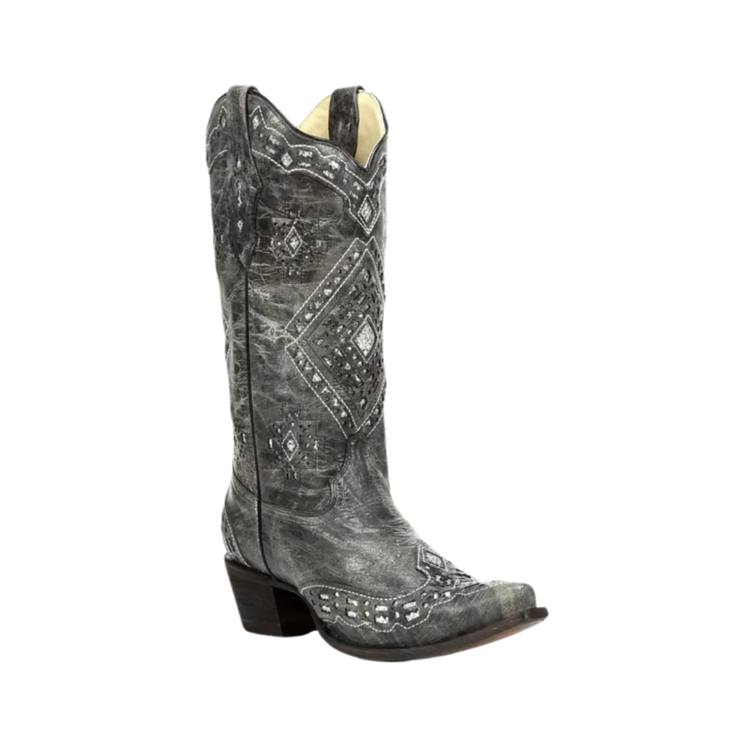 Corral Women's Brandy Glitter Inlay Snip Toe Grey & Silver Boots