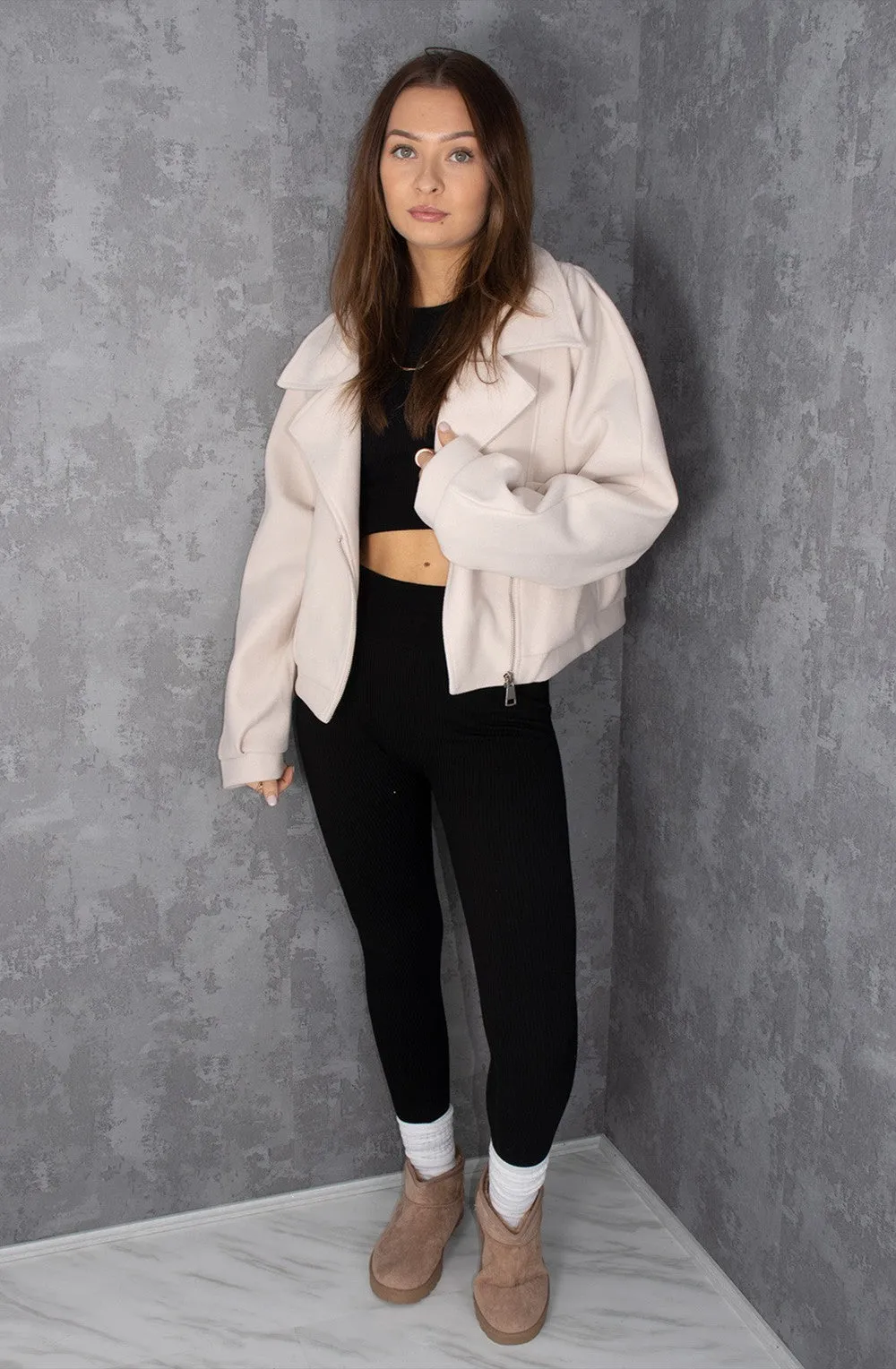 Cream Wool Fold Over Zip Biker Jacket