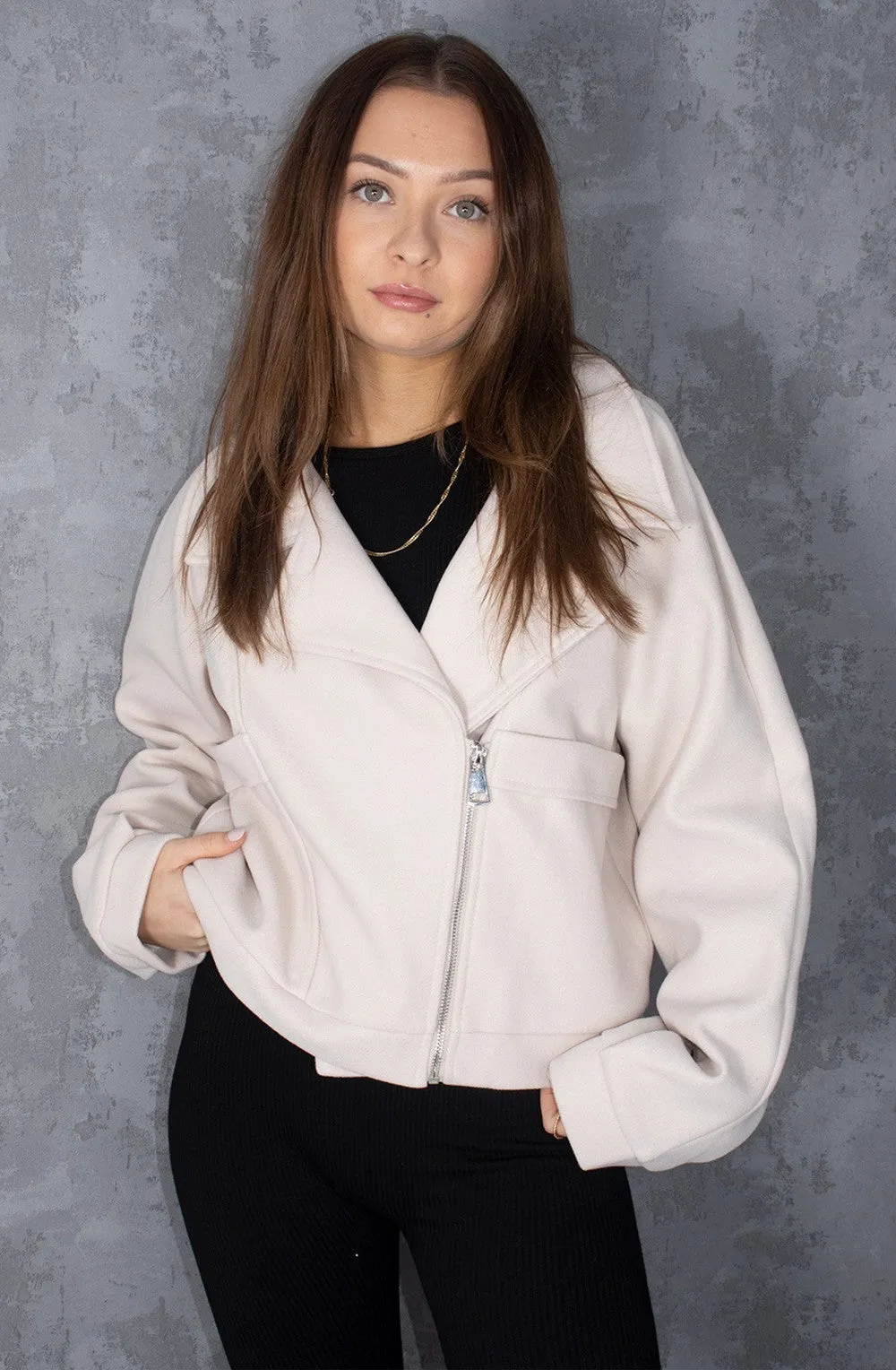 Cream Wool Fold Over Zip Biker Jacket