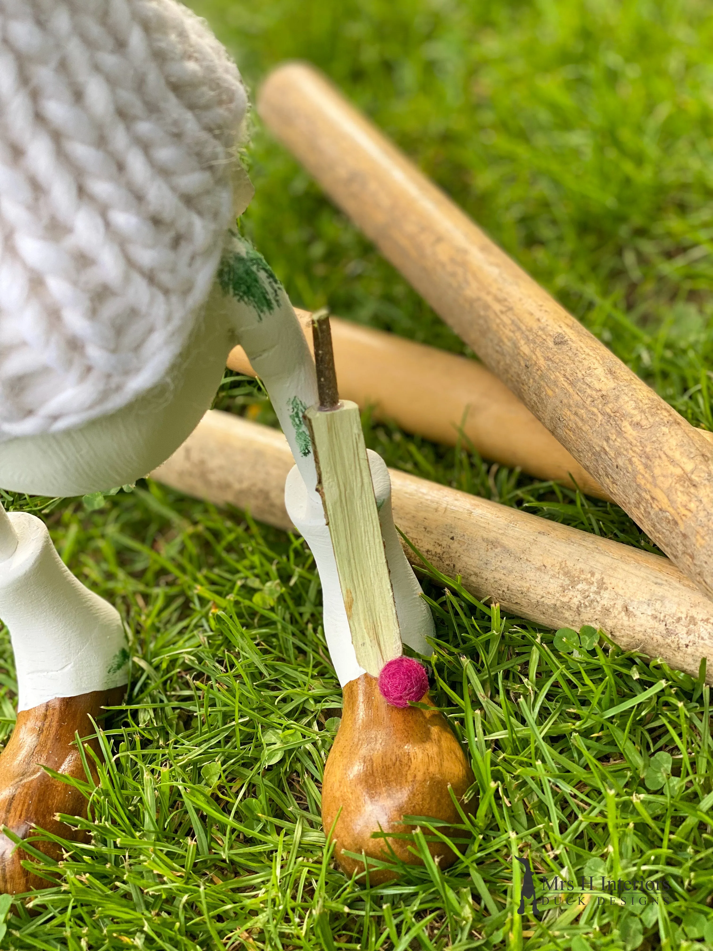 Cricketer - Decorated Wooden Duck in Boots by Mrs H the Duck Lady