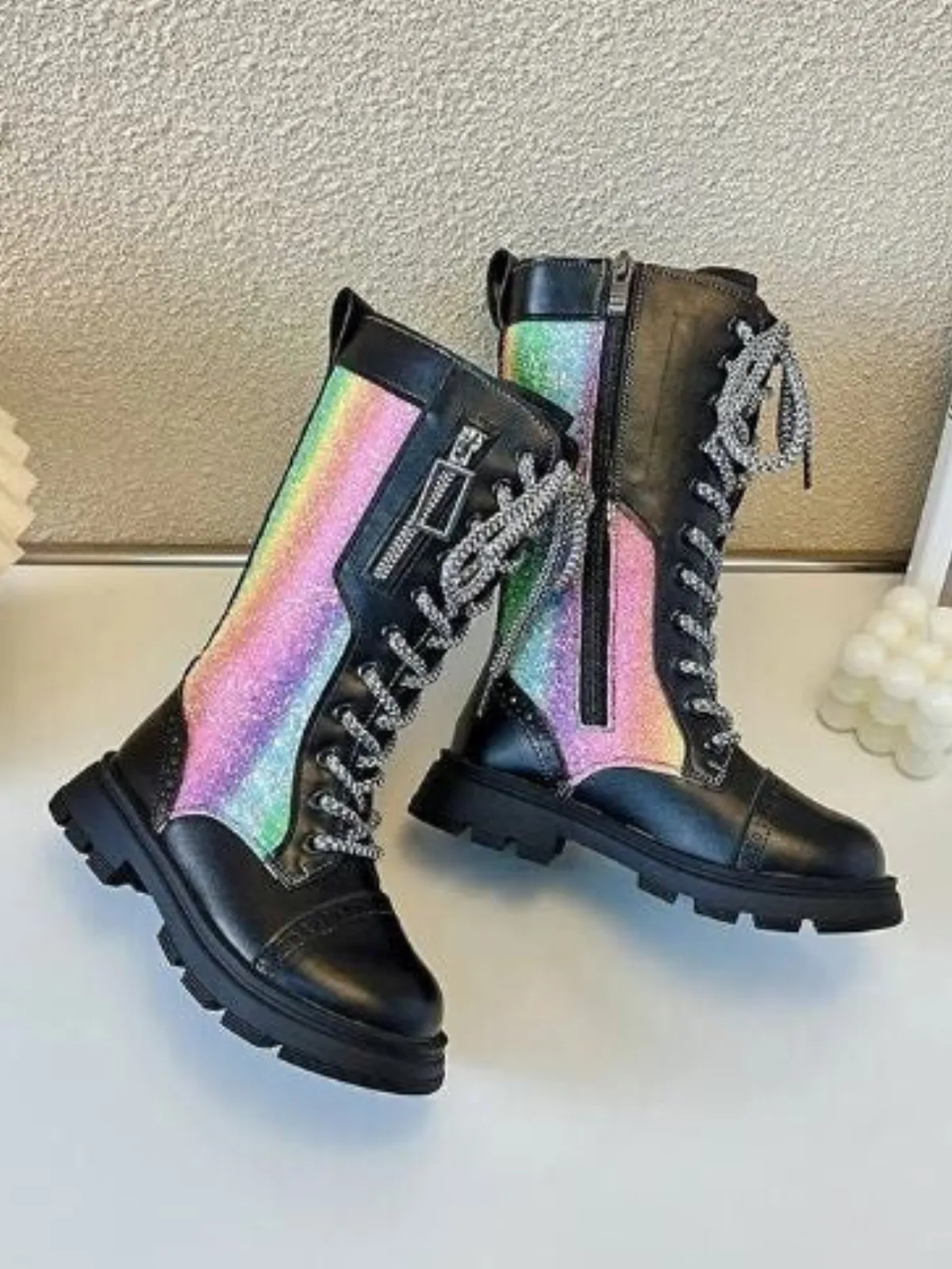 Dazzling Day Glitter Rainbow Lace-Up Boots by Liv and Mia