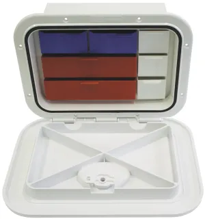 DELUXE MODEL OPENING STORAGE HATCHES - SIZE A, WHITE, WITH BOX AND TACKLE TRAYS