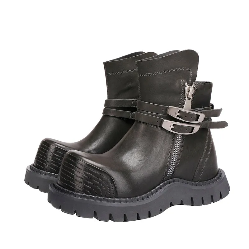 Designer Full-Grain Leather Ankle Boots with Belt Buckle Flat Lug Sole Big Toe Low-Cut Riding Boots for Women