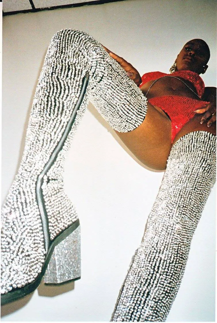 Diamond Dollar Hand-Sequinned Thigh High Boots Silver