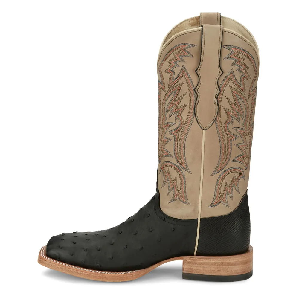 Doc Bar Wide Embroidered Ostrich Square Toe Pull On Cowboy Boots