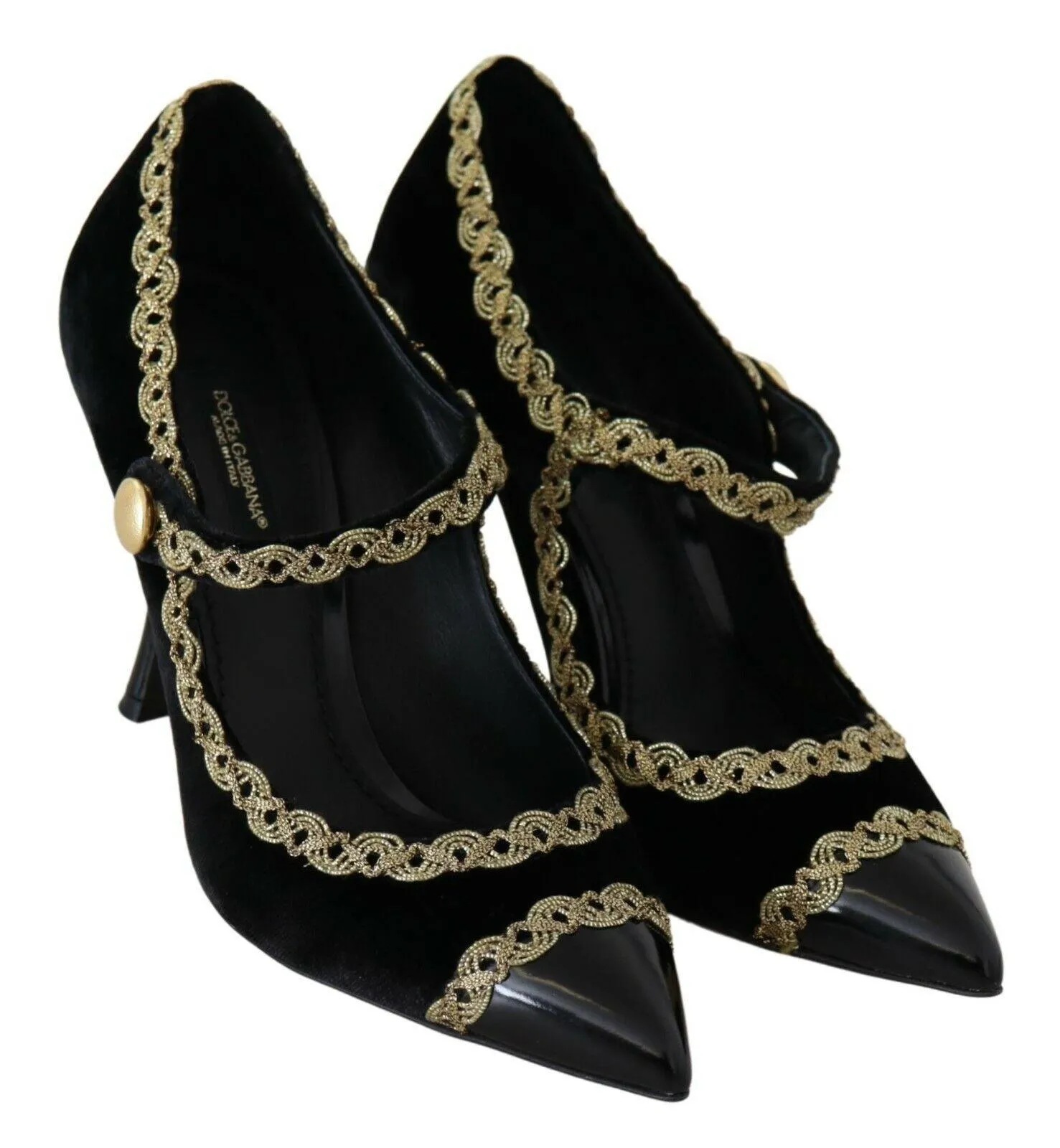 Dolce & Gabbana Black Embellished Velvet Mary Jane Pumps Shoes