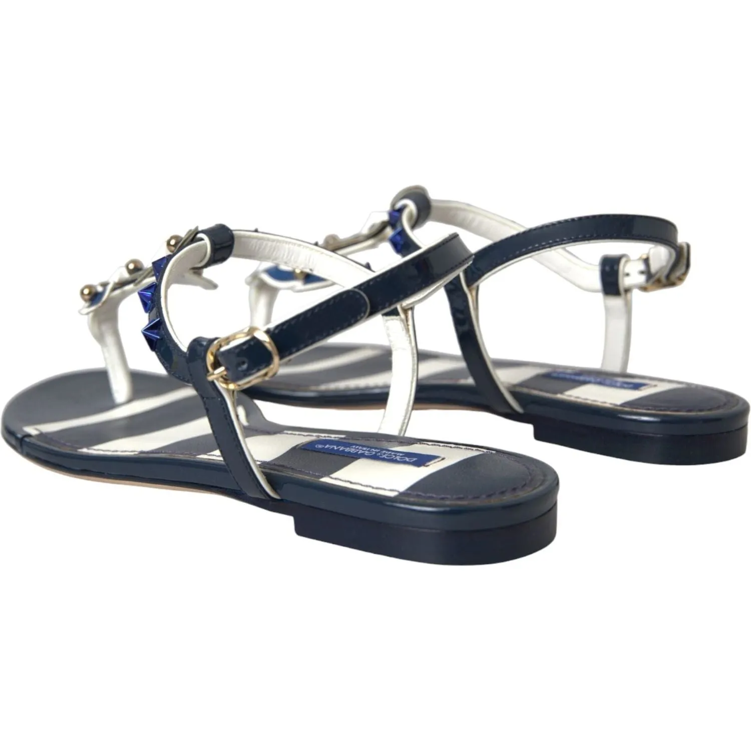 Dolce & Gabbana Blue Stripes Leather Studded Flats Sandals Shoes