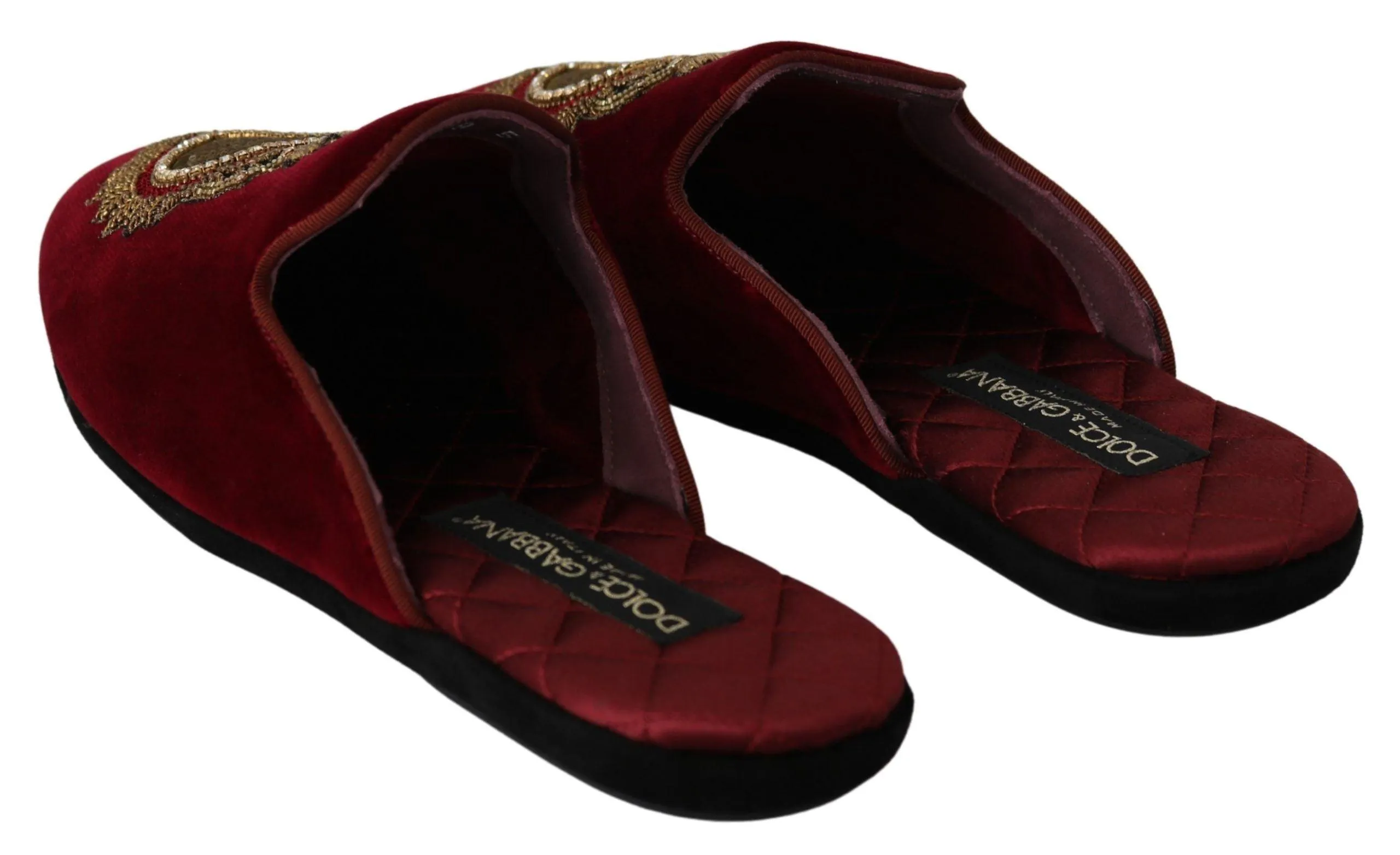 Dolce & Gabbana Red Velvet Sacred Heart Embroidery Slides Shoes