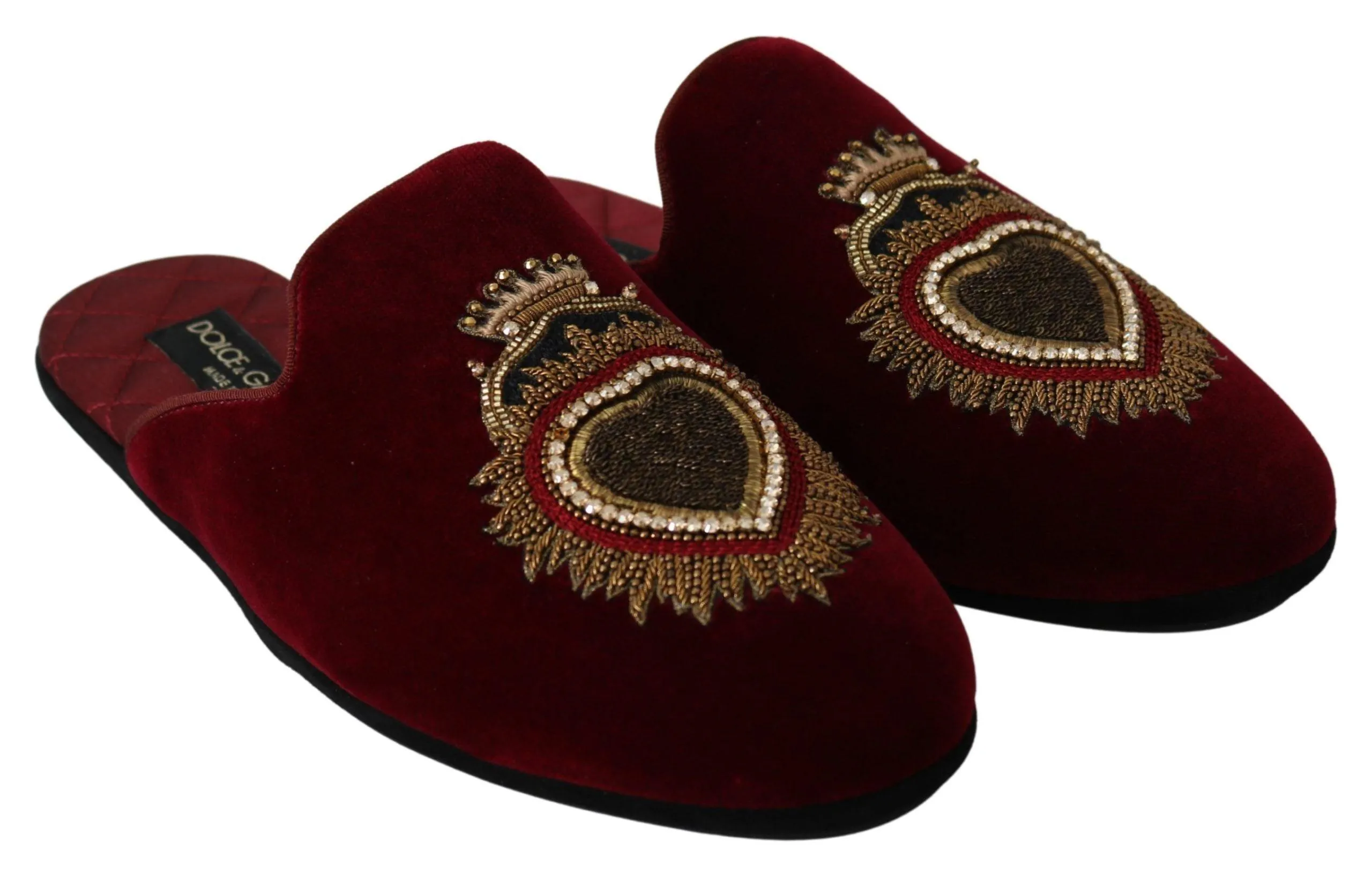 Dolce & Gabbana Red Velvet Sacred Heart Embroidery Slides Shoes