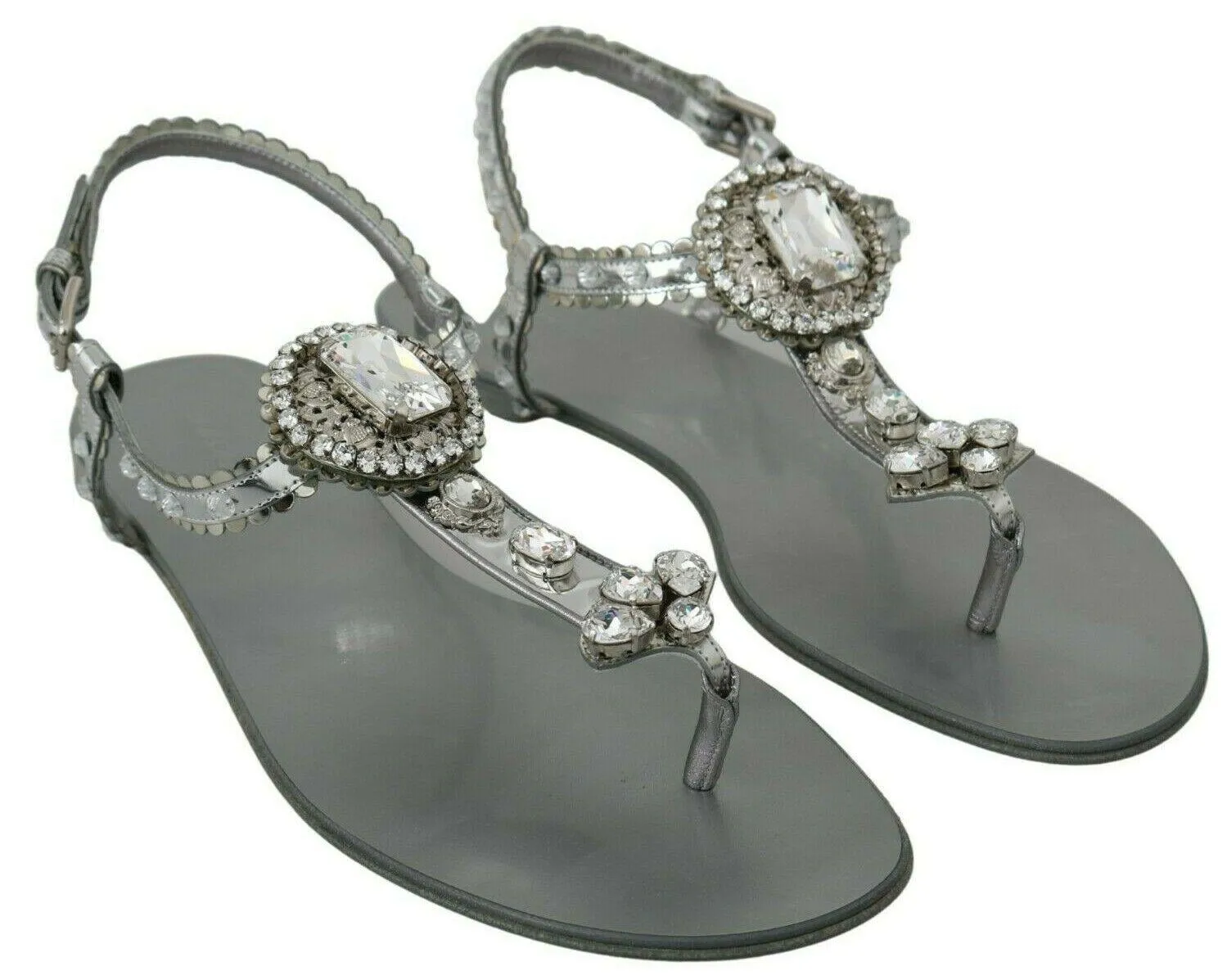 Dolce & Gabbana Silver Crystal Sandals Flip Flops Shoes