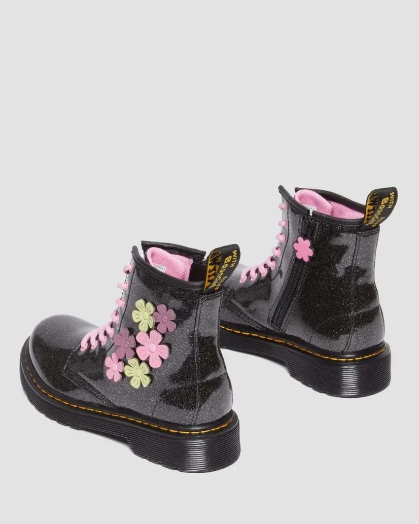 Dr Martens Junior 1460 - Black Coated Glitter Pu & Mauve Athena & Fondant Pink Athena