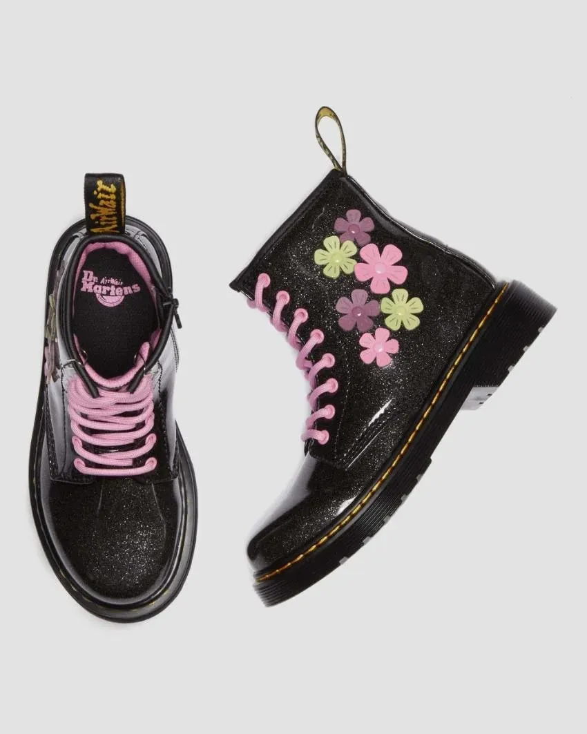 Dr Martens Junior 1460 - Black Coated Glitter Pu & Mauve Athena & Fondant Pink Athena