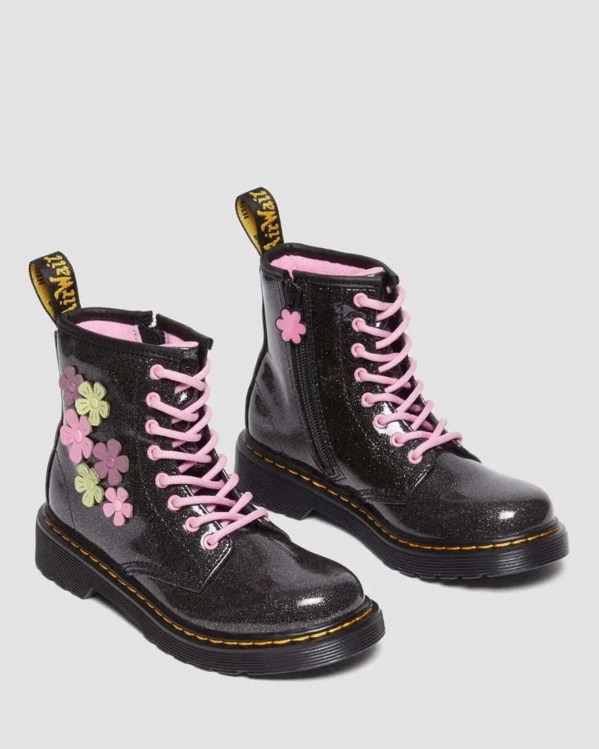 Dr Martens Junior 1460 - Black Coated Glitter Pu & Mauve Athena & Fondant Pink Athena