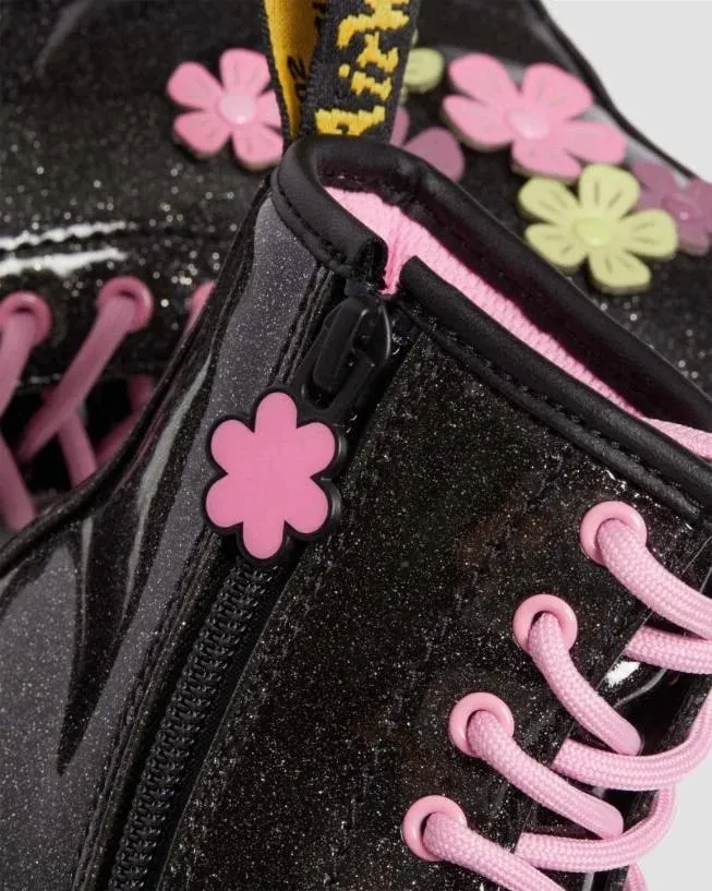 Dr Martens Junior 1460 - Black Coated Glitter Pu & Mauve Athena & Fondant Pink Athena