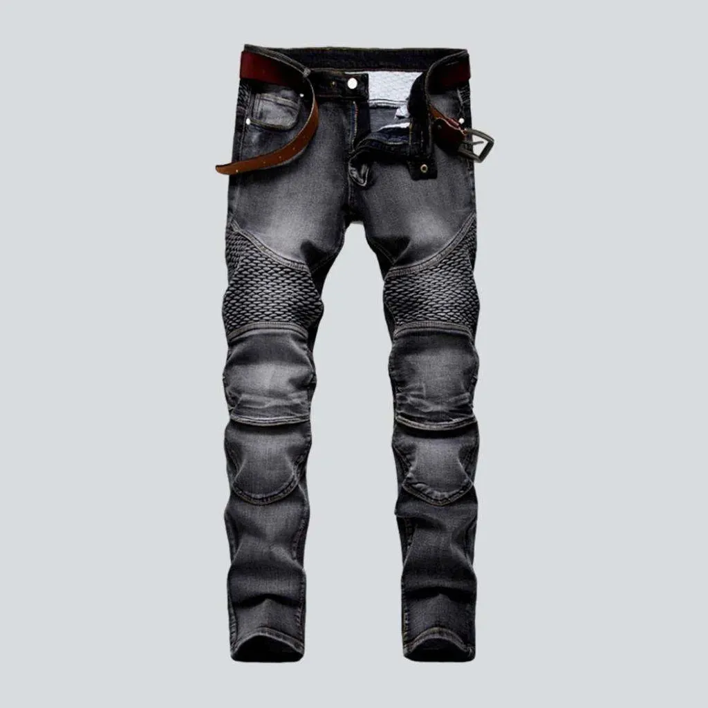 Embroidered grey biker men's jeans