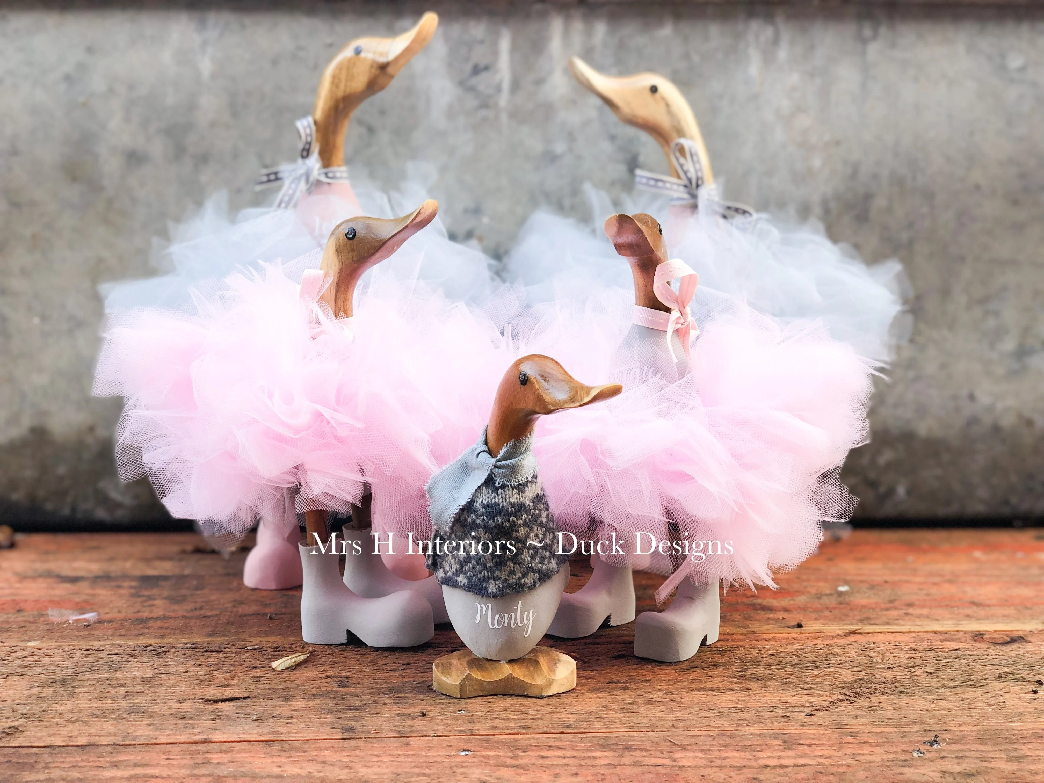 Family of Four Ducks - Personalised Decorated Wooden Ducks in Boots by Mrs H the Duck Lady