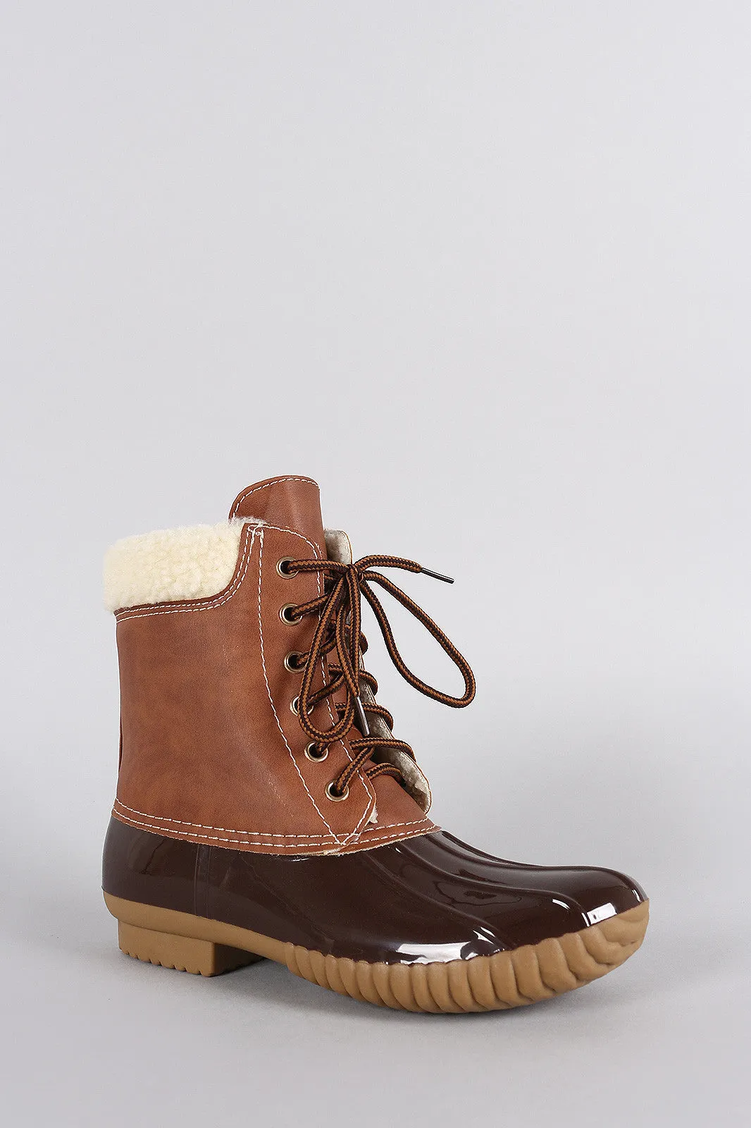 Faux Shearling Cuff Lace Up Duck Ankle Boots