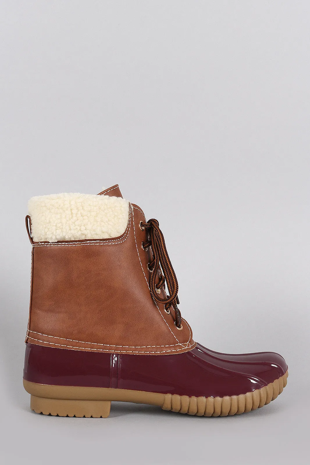 Faux Shearling Cuff Lace Up Duck Ankle Boots