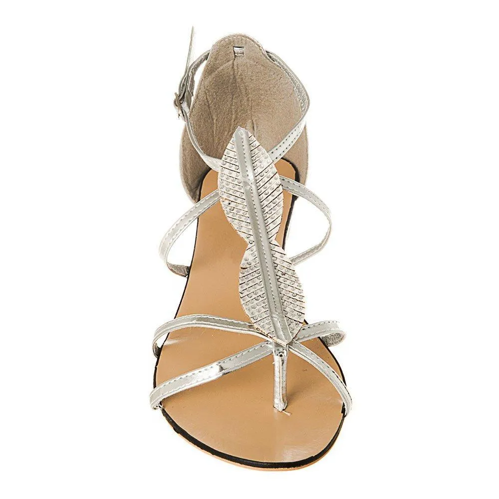 Flat Wedge Ankle Strap Toe-Post Sandal With Leaf design