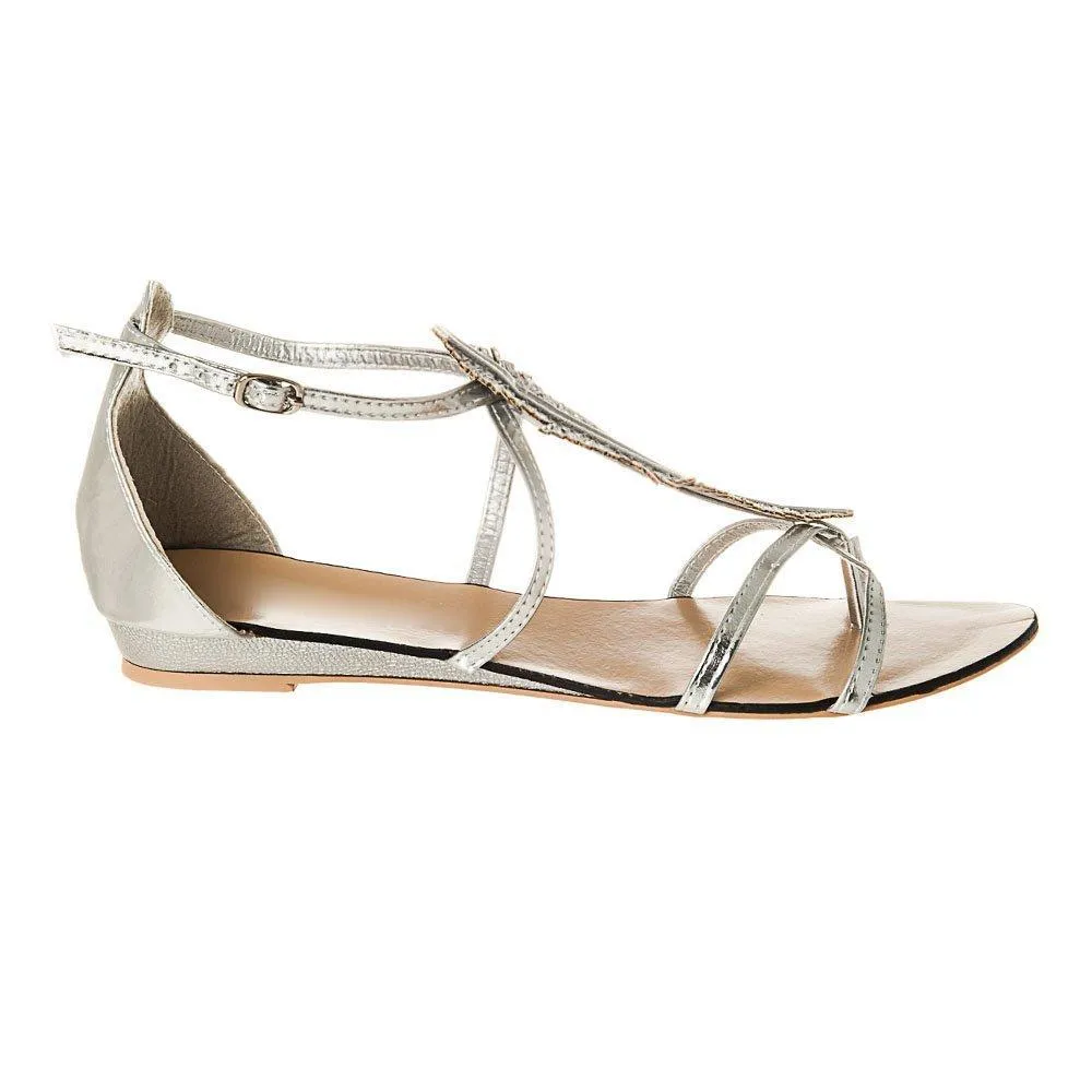 Flat Wedge Ankle Strap Toe-Post Sandal With Leaf design