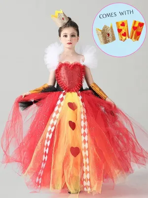 Girls Alice in Wonderland Queen of Hearts Inspired Costume with Cuffs and Crown Set