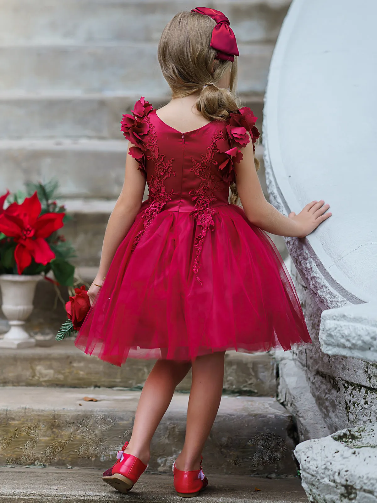 Girls Flower Petal Shoulder Embroidered Bodice Waterfall Holiday Dress