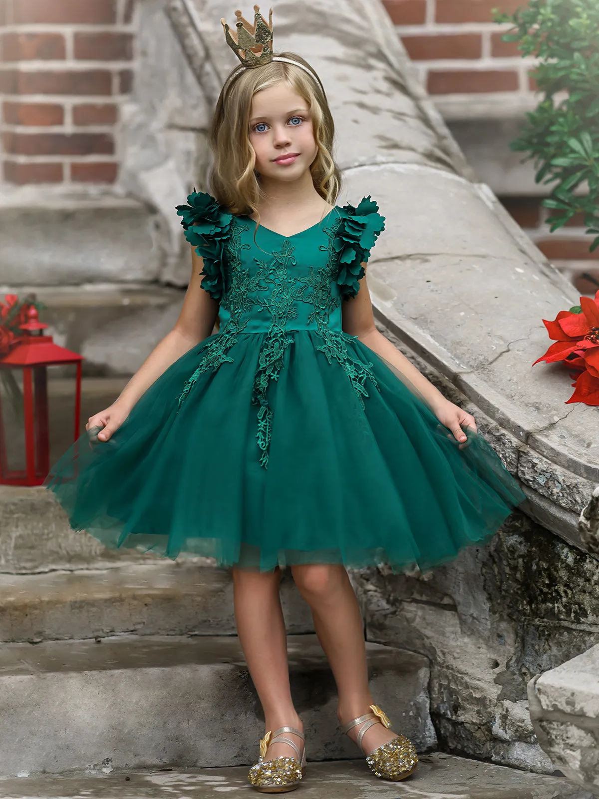 Girls Flower Petal Shoulder Embroidered Bodice Waterfall Holiday Dress