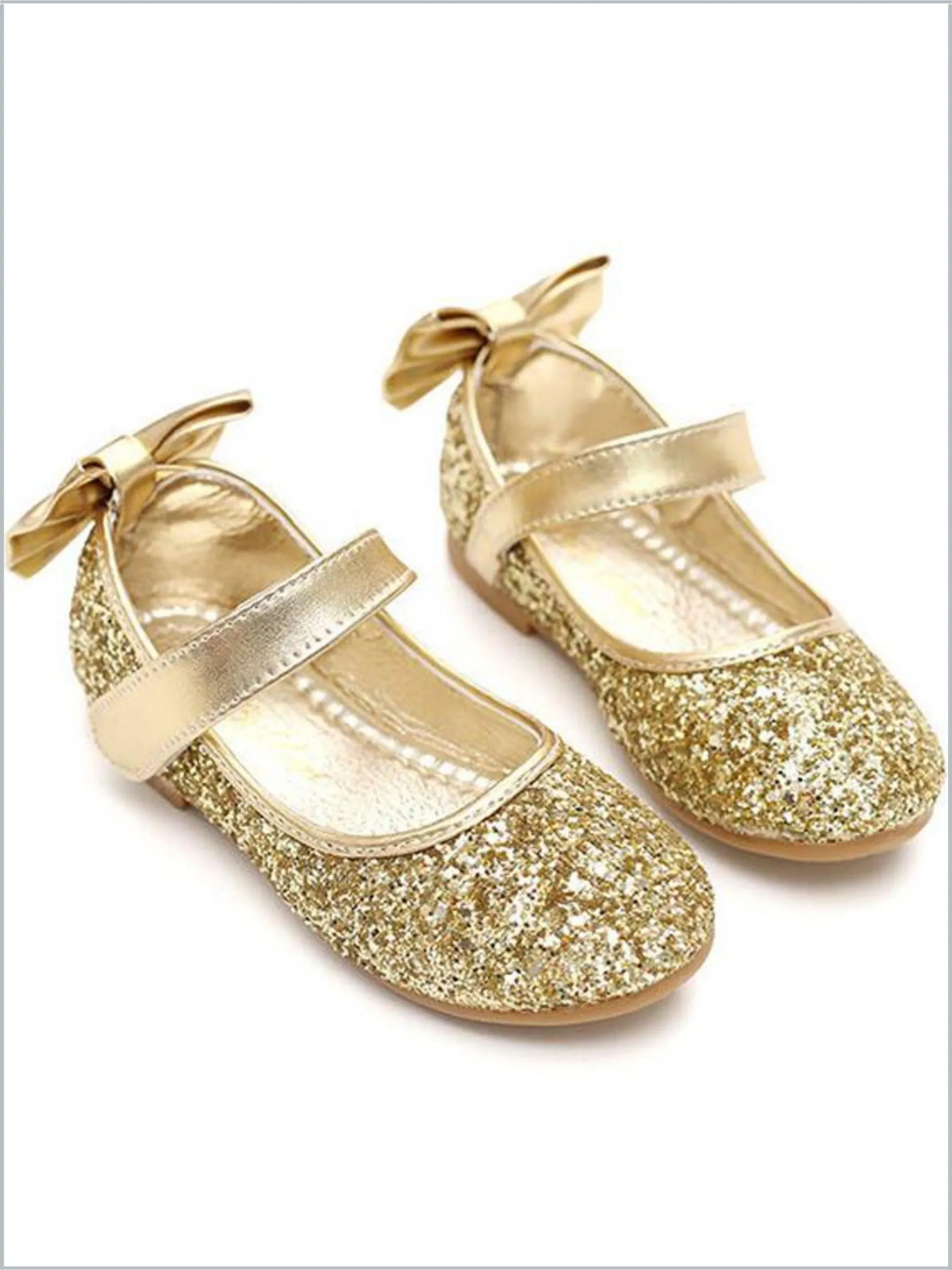 Girls Gold Shimmery Fairy Glitter Bow Tie Mary Jane Flats By Liv and Mia